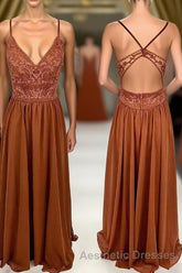 Rust Orange Lace and Chiffon A-line Long Bridesmaid Dresses
